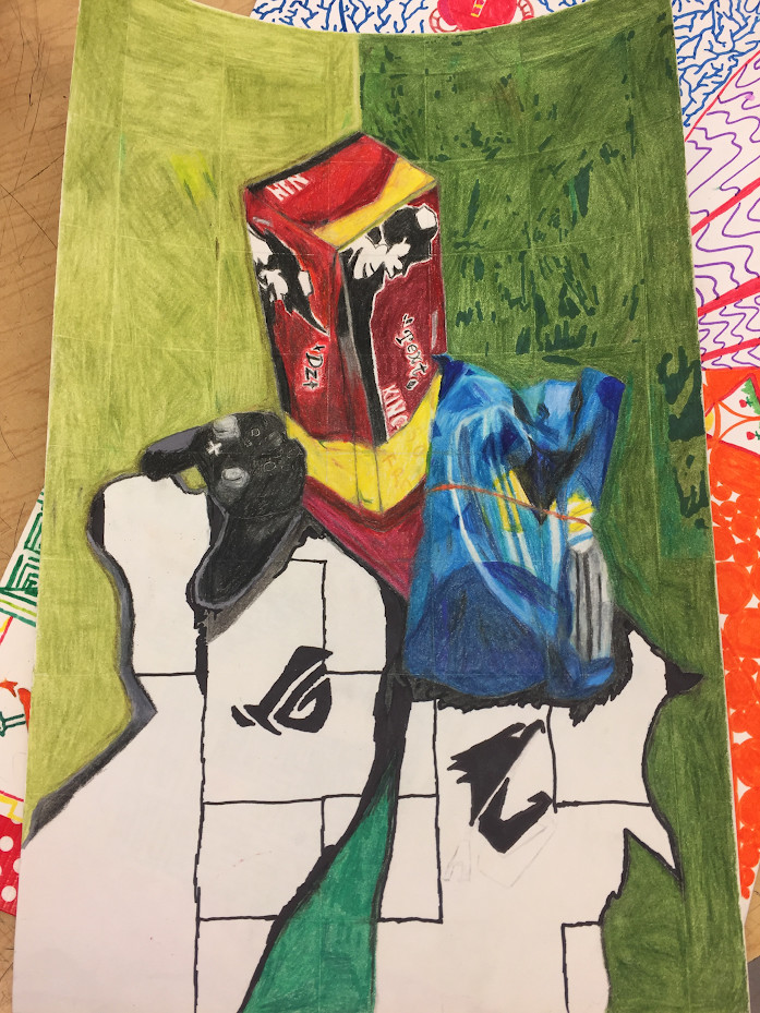 A painting with various objects meaningful to the artist depicted, including a video game console among others