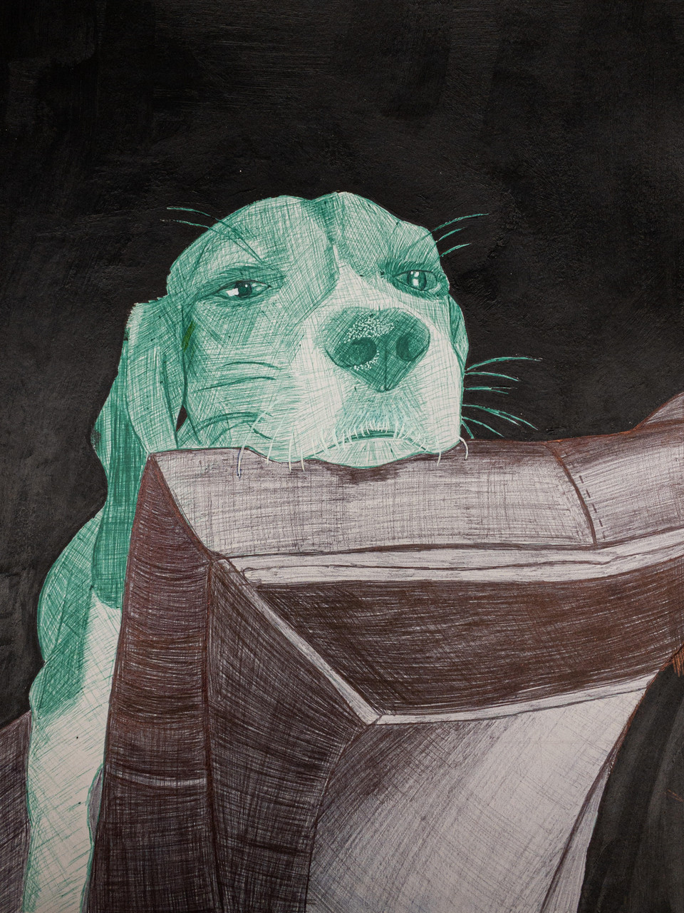 Green dog on brown couch.