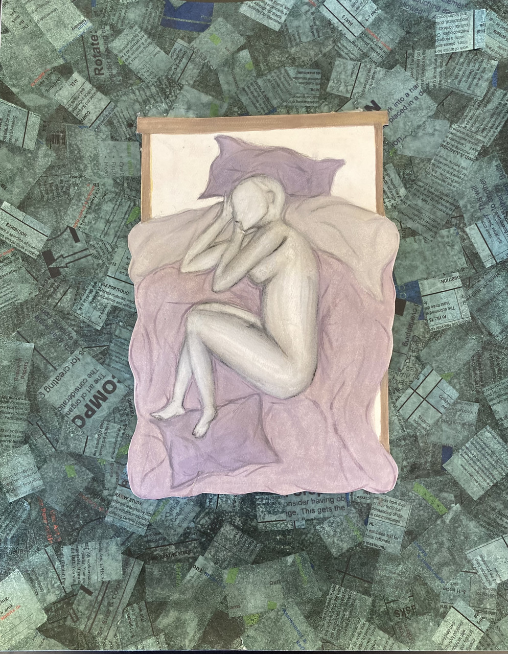 Silhouette of a woman on a bed surrounded by various green papers with text