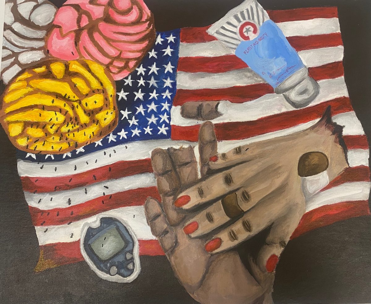 still life of American flag, hands, and other objects