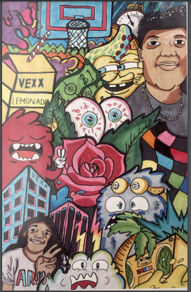 illustration of multiple figures and objects including a rose, juice carton, person, etc.