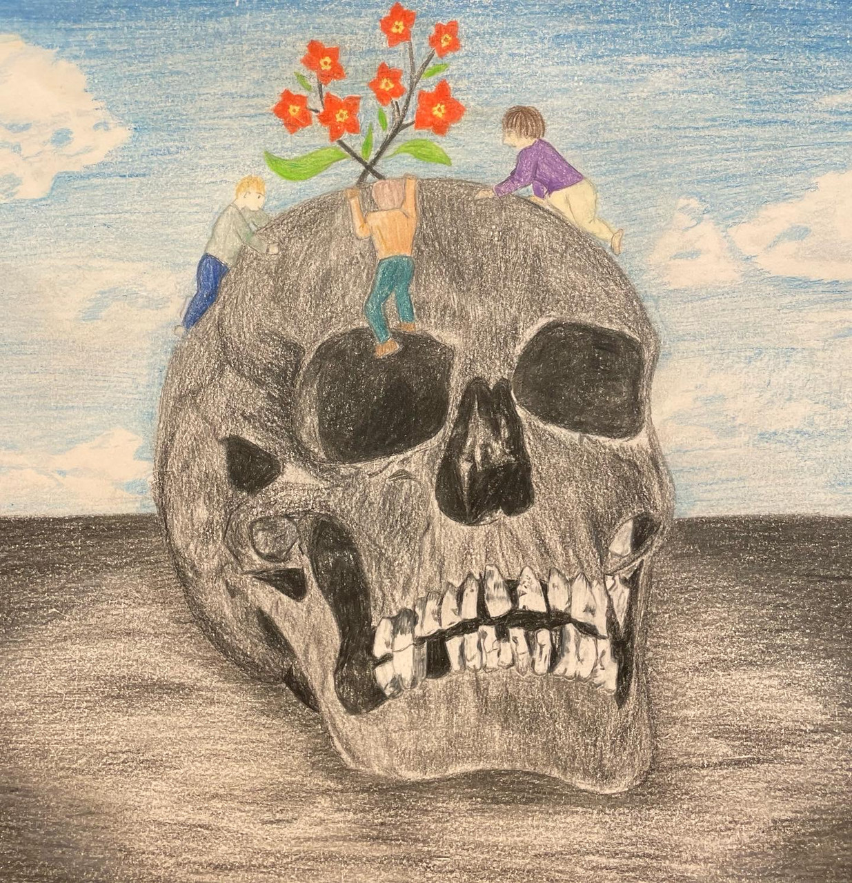Skull with 3 humans and flowers.