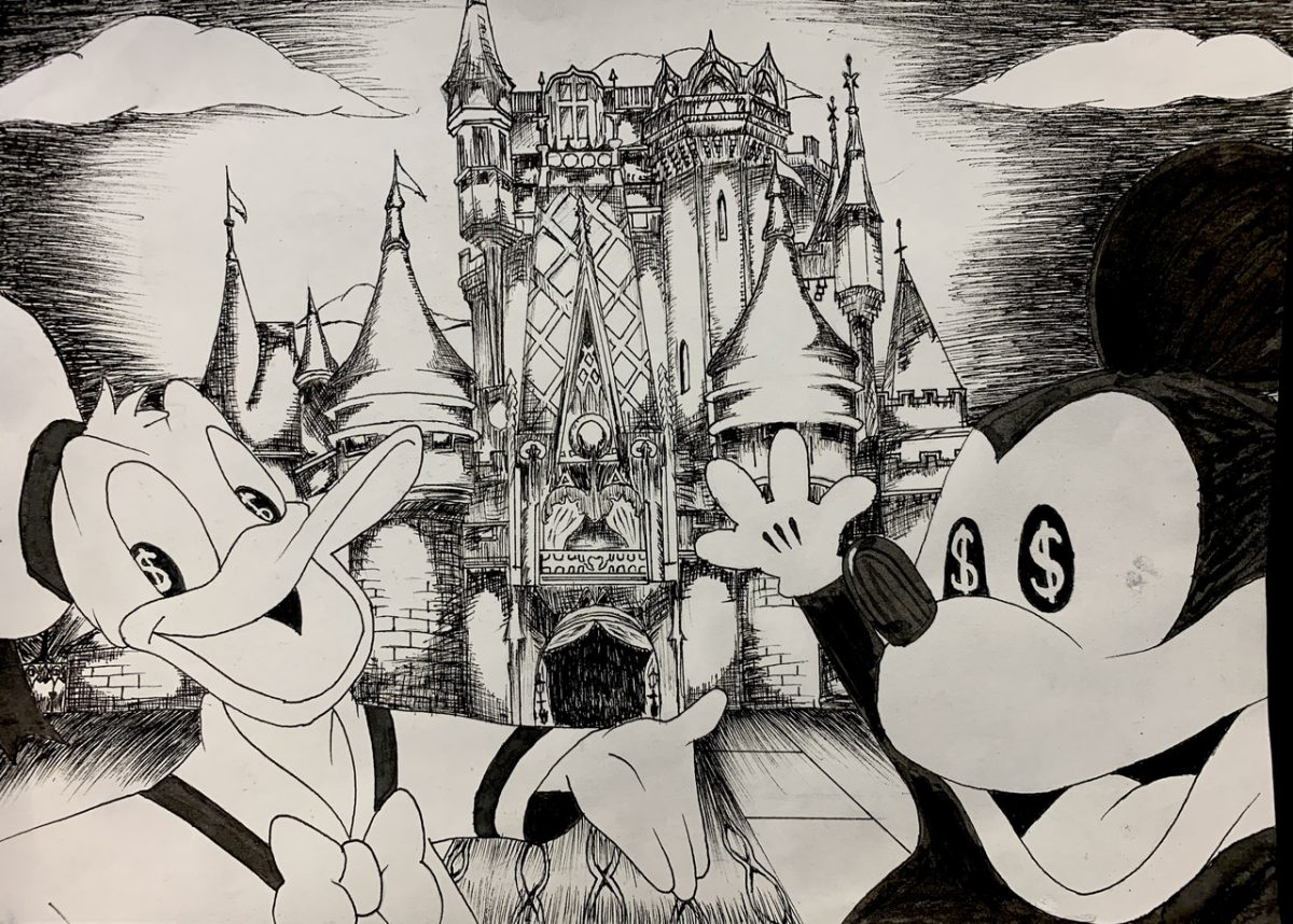 ink drawing of Mickey and Daffy with castle in the background