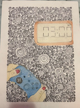 Swirls, with a remote control and 3:00 clock.