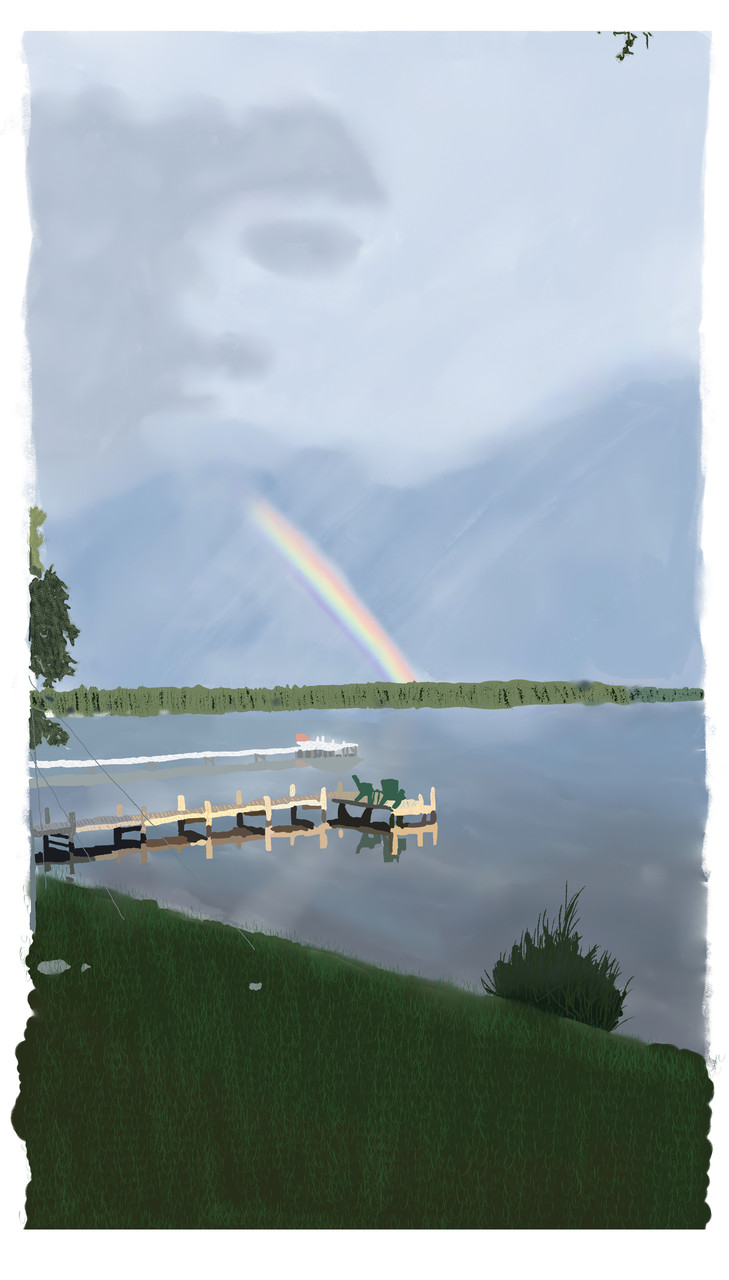 Painting of a lake and a small dock with a rainbow in the sky