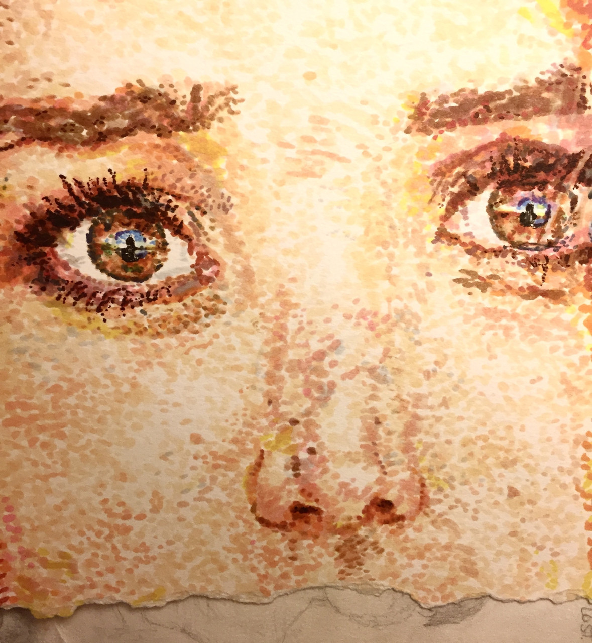 Pointillism drawing. A face stares. In her eyes, you can see the outline of another woman.