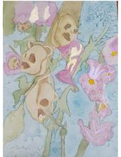 Painting of three skulls in a body of water surrounded by pink flowers and green stems