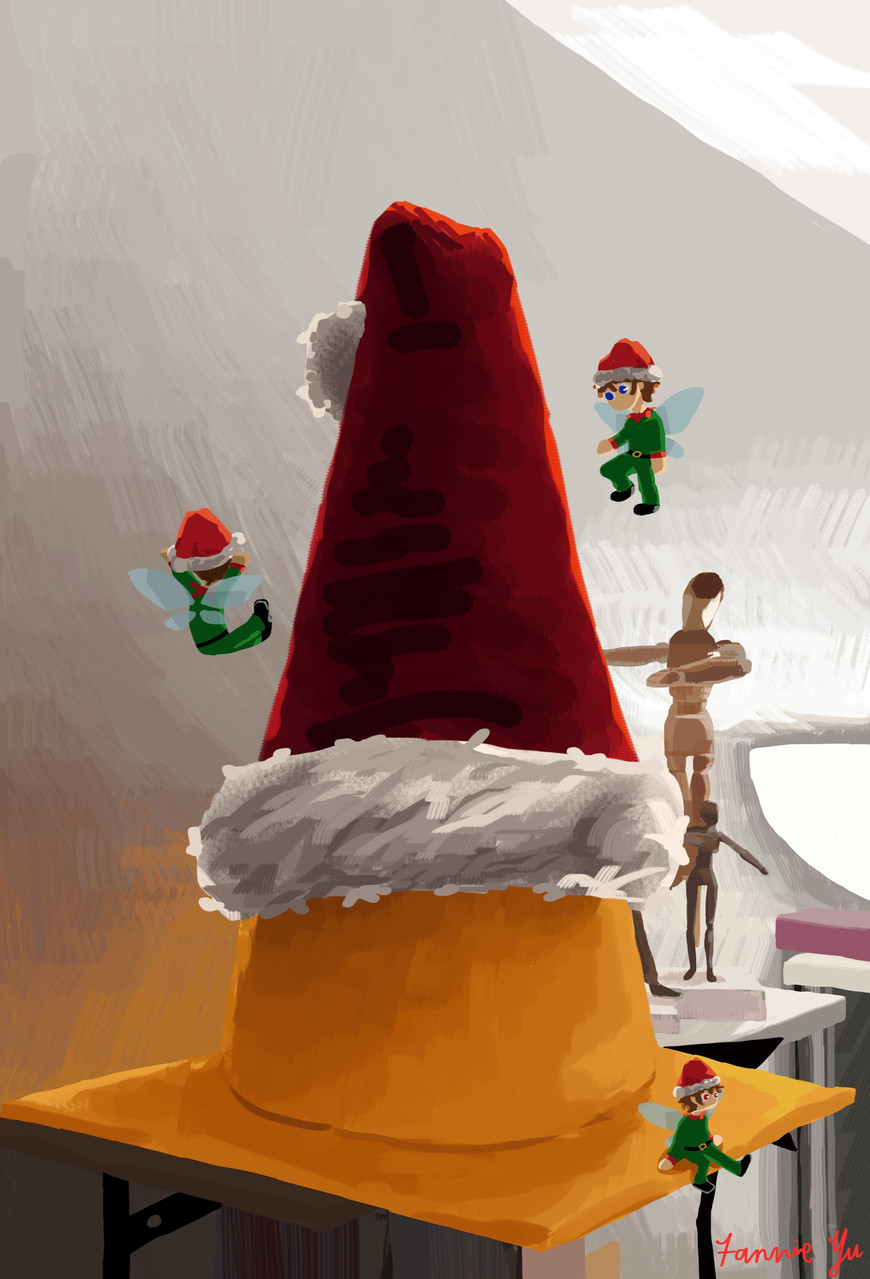 Digital image of a Santa hat surrounded by elves