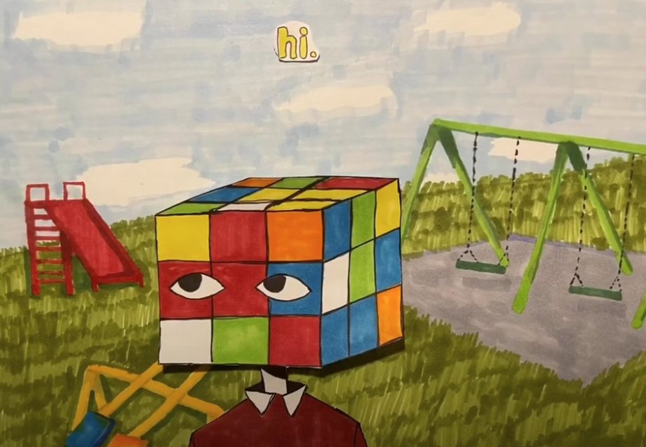 Drawing of a person on a playground with a Rubik's cube head