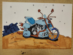 Motorcycle on a hill with stars.