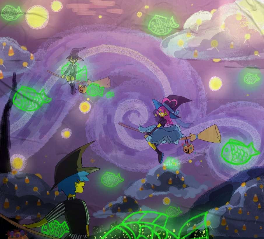 Witch and green and purple sky.
