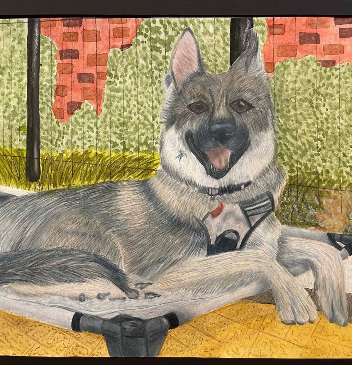 Dog smiling on a carpet.