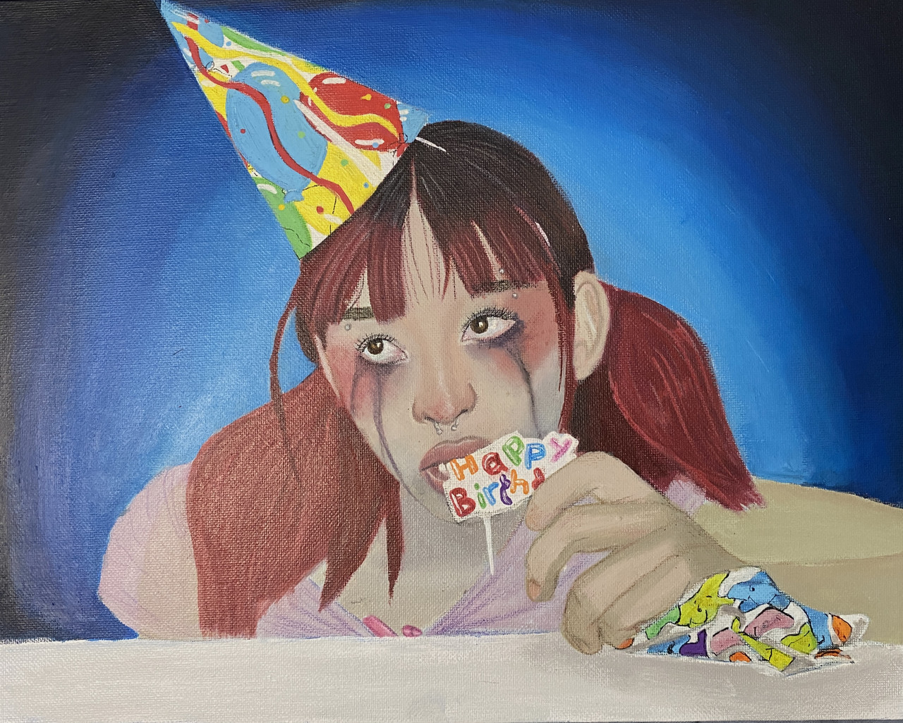 portrait of girl crying with birthday hat and sign