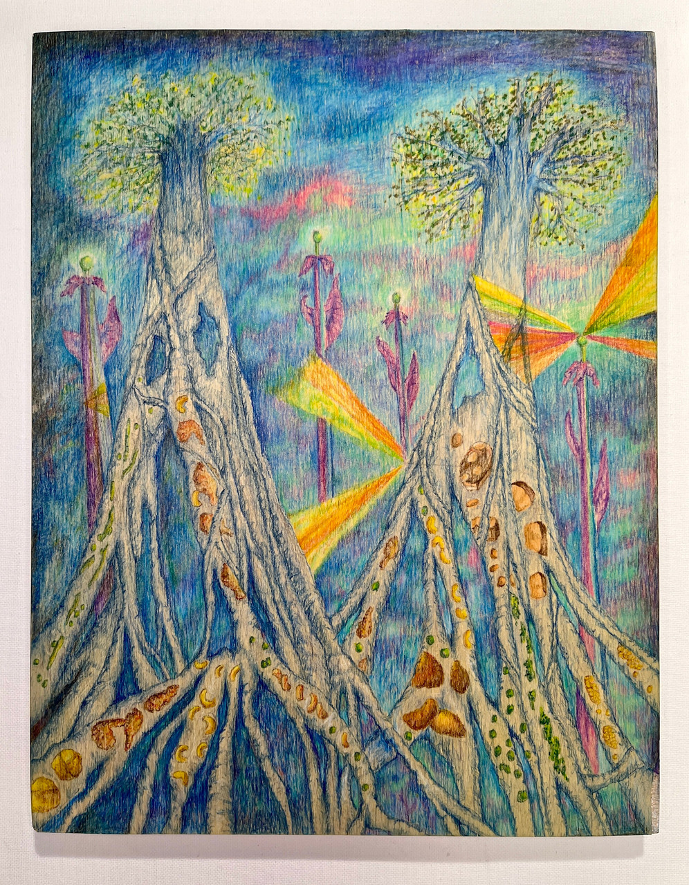 Drawing of soul food flowing through the African Baobab tree. A colorful blue, pink, and green background is behind.
