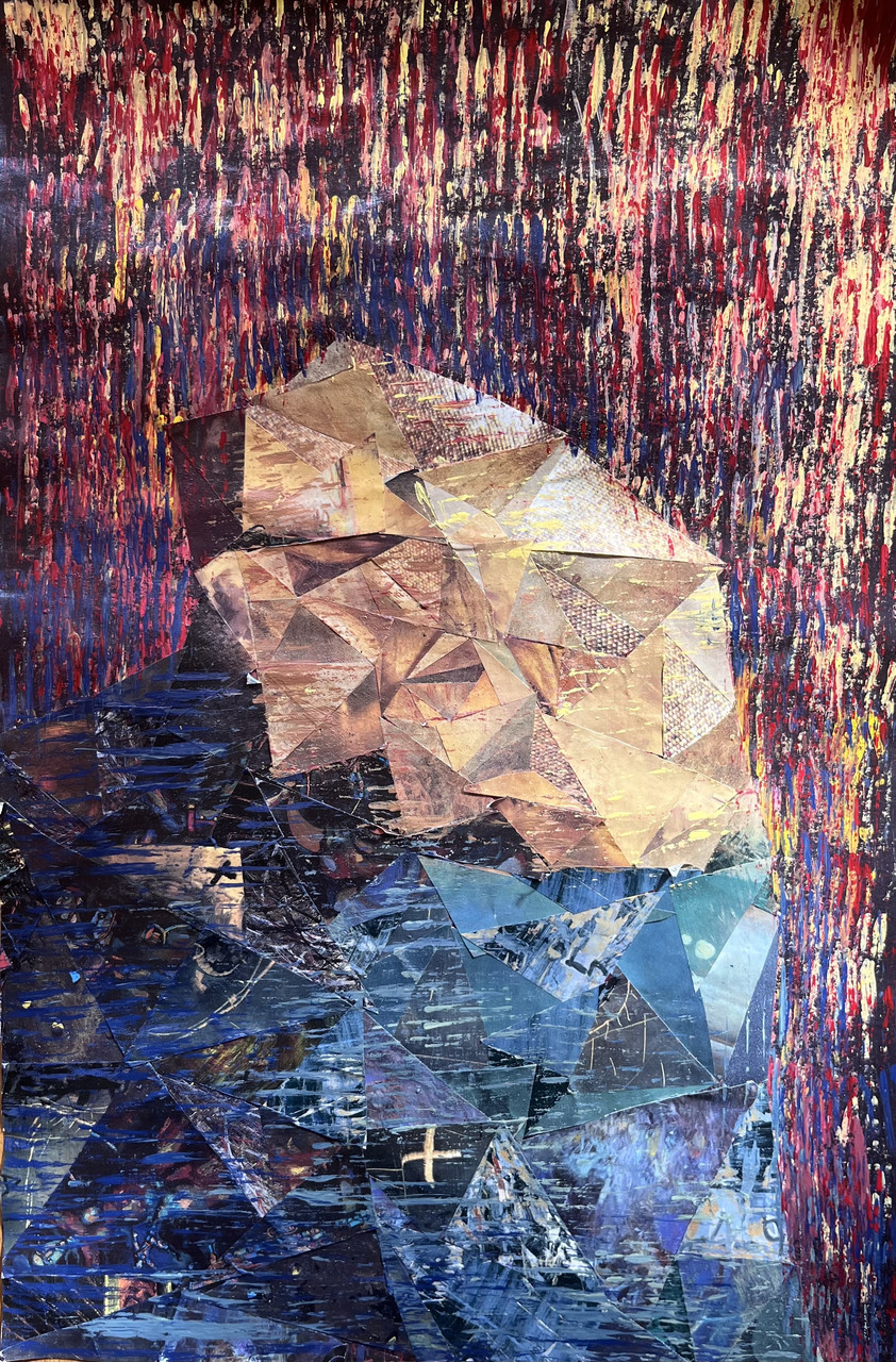 Blues, greys and pinks, abstract piece.