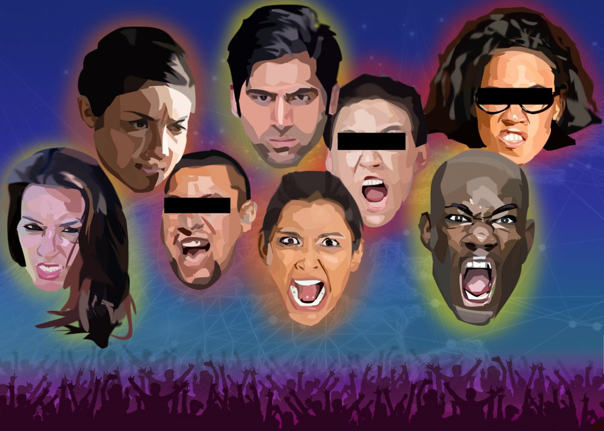 Various images of faces screaming on a blue and purple tinted outdoor background