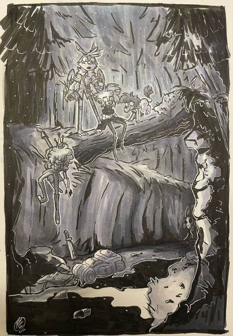 illustration of 4 creatures in the woods sitting on a tree branch