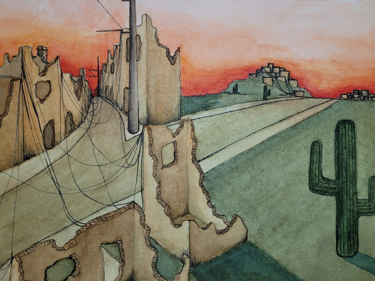Drawing of a bridge entering into a desert area