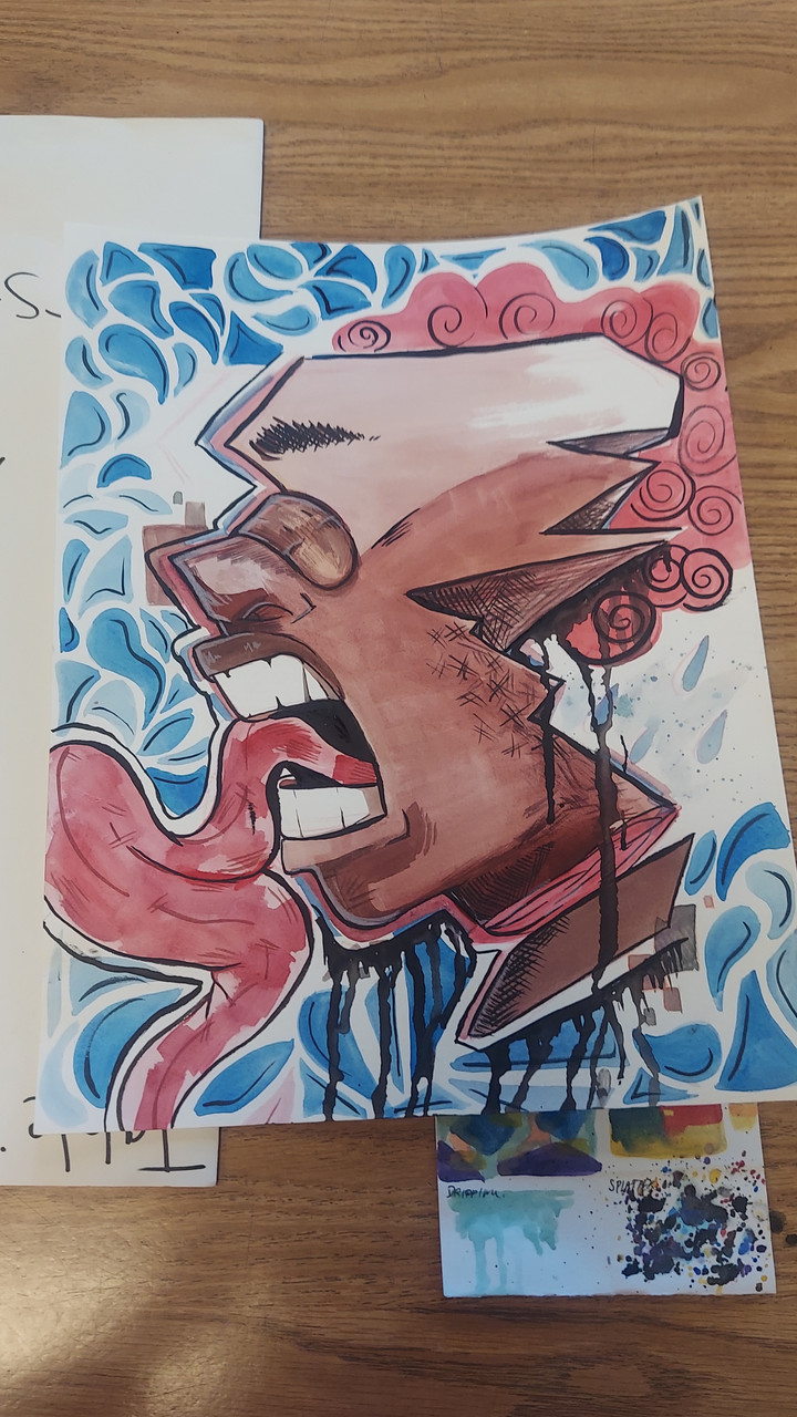 Animated drawing of a surreal face and elongated tongue