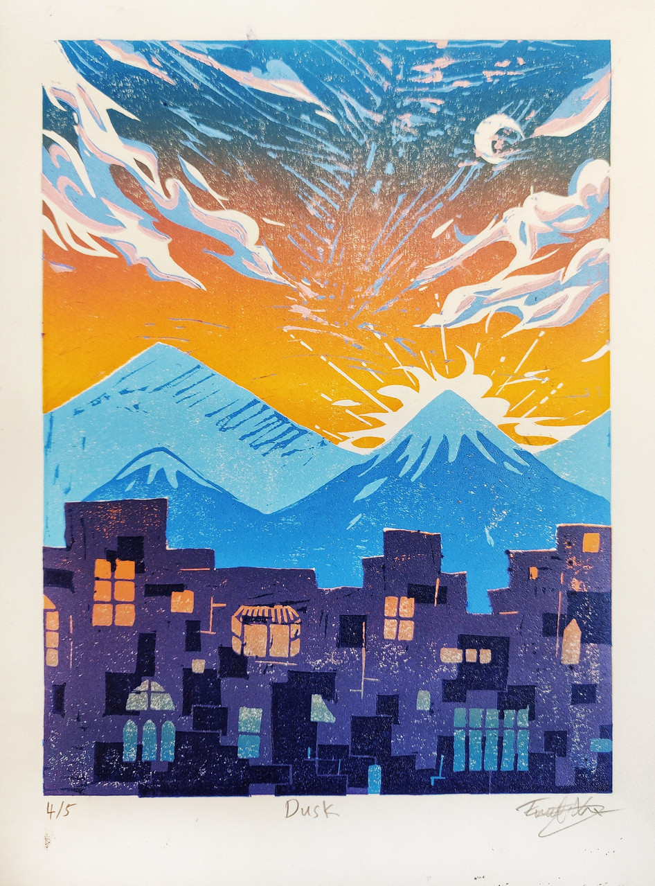 Illustration of a city and mountain landscape with bright colors.
