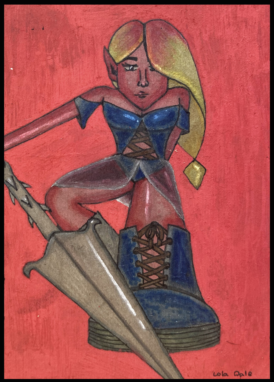 Woman with spear in blue outfit stands in front of a red background.