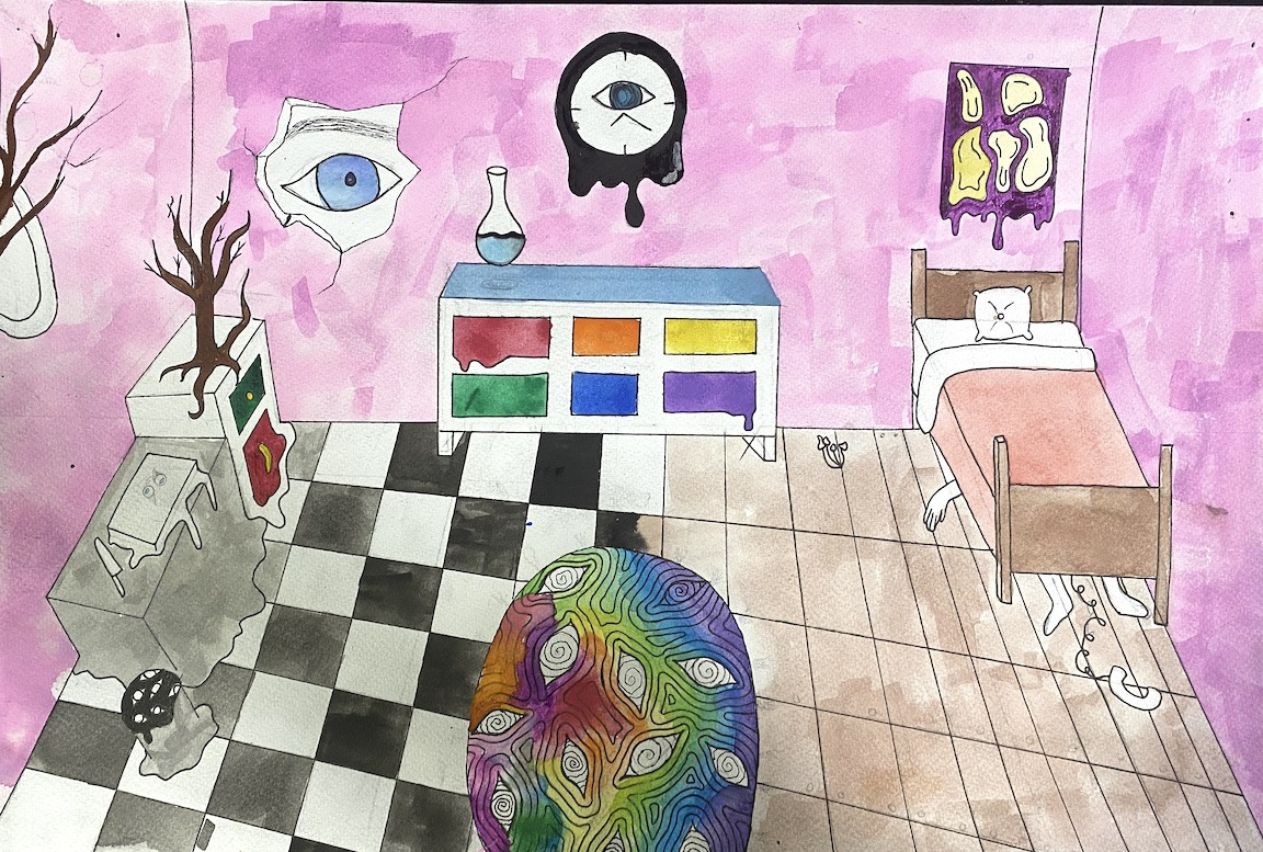 Painting of a pink bedroom.