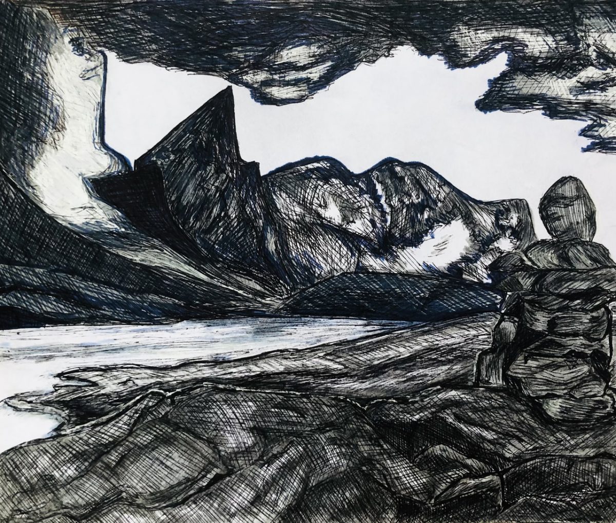 Black and white drawing of mountainous landscape.