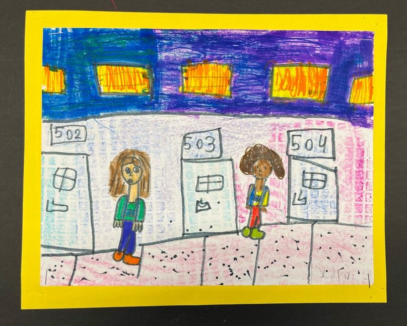 A colorful drawing of two children in a school hallway with doors in the background.