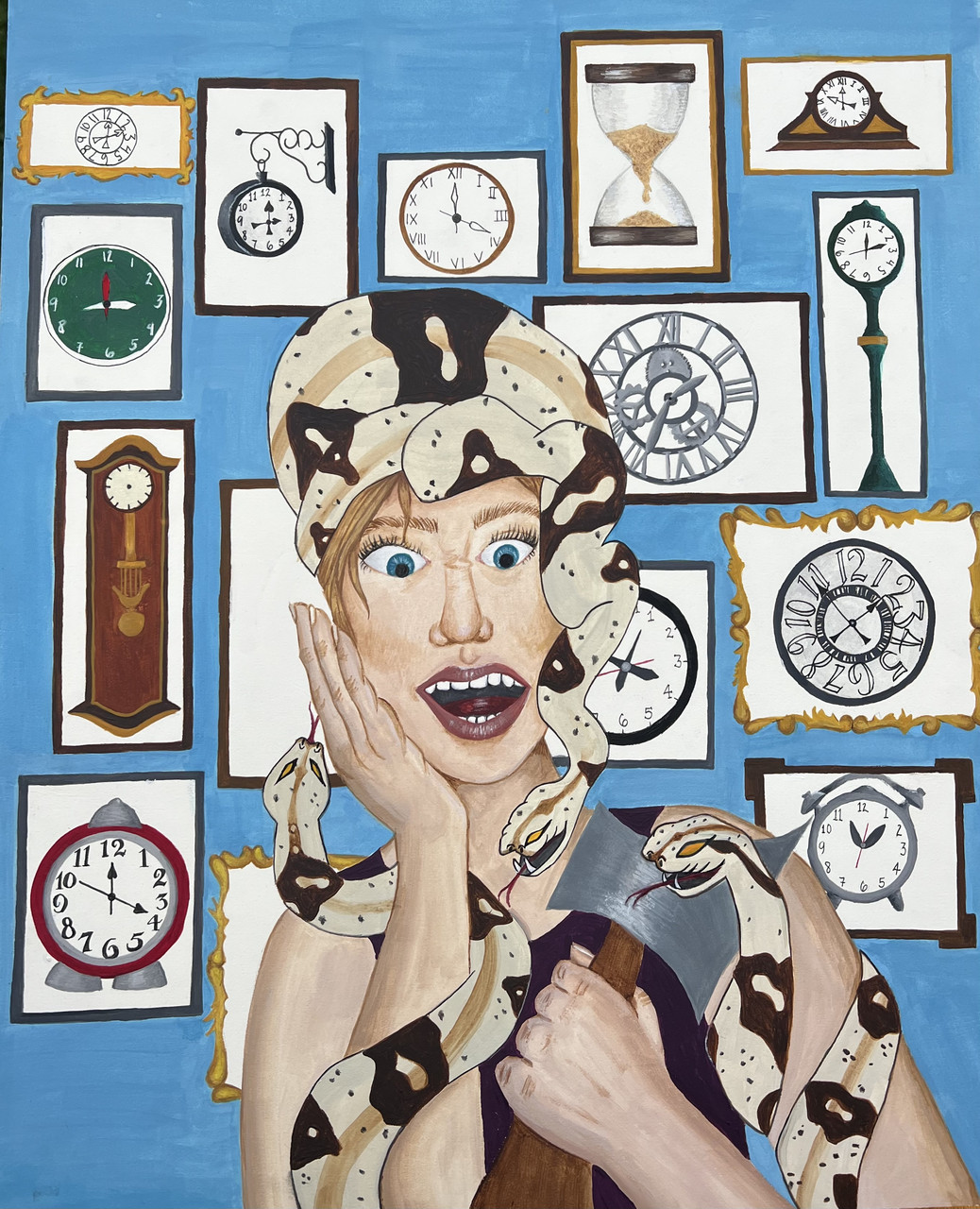 portrait of woman with wall full of pictures of clocks in the background
