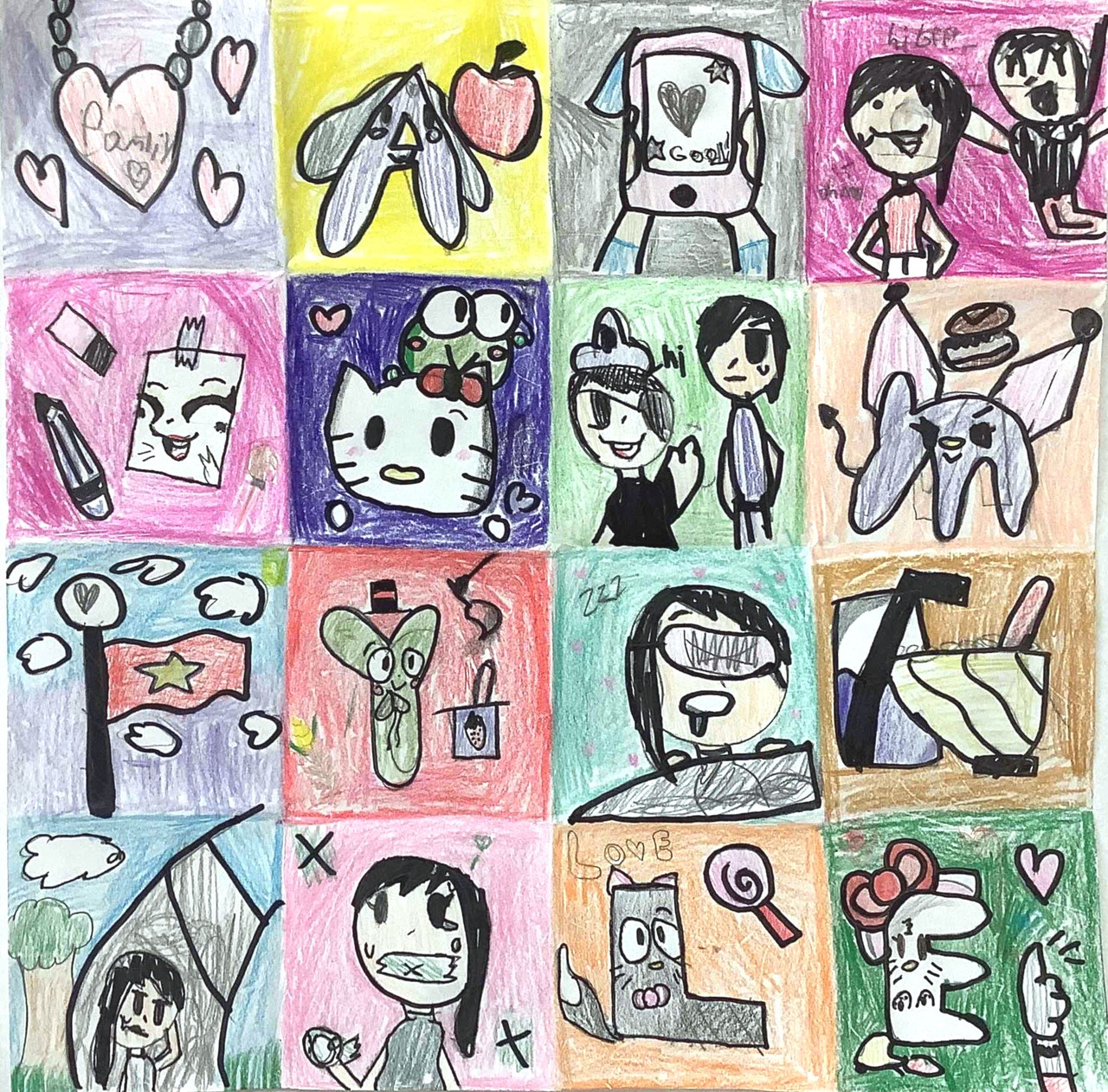 Grid style drawing with each square of the grid containing a different drawing. Many grids show two characters interacting with eachother in various ways.