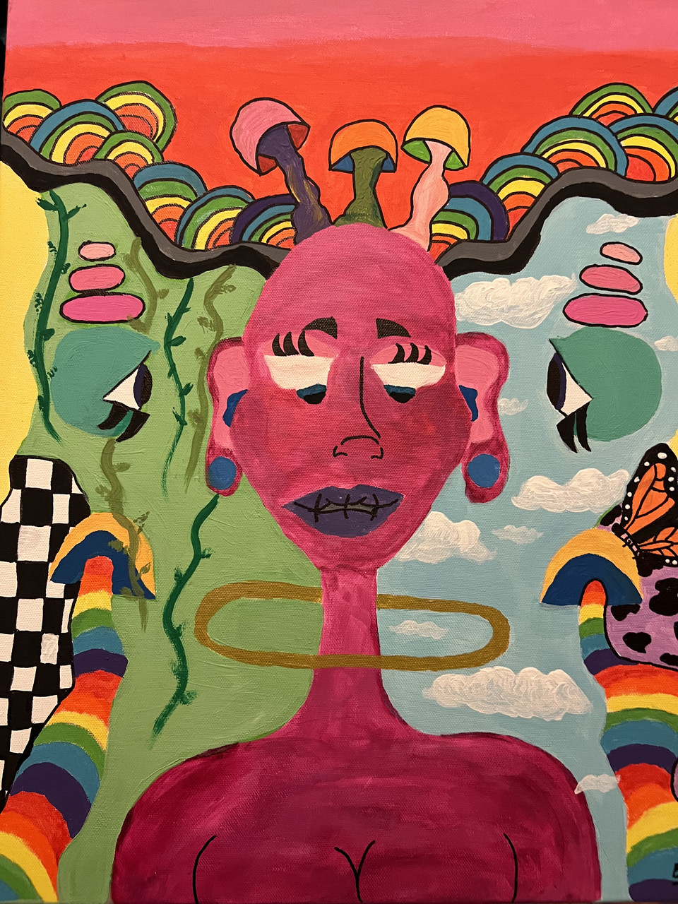 Psychedelic painting of a pink person.