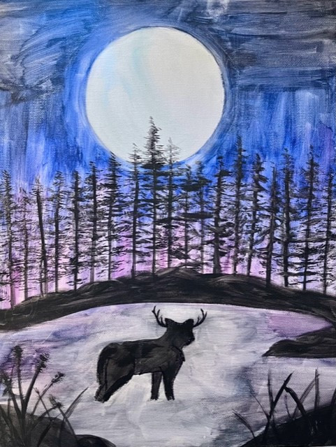 Painting of an animal in a forest with a big moon.