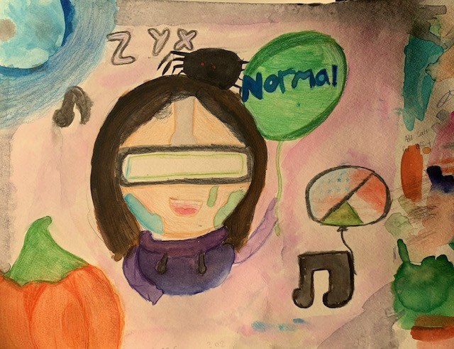 Painting of a person with various symbols around them.