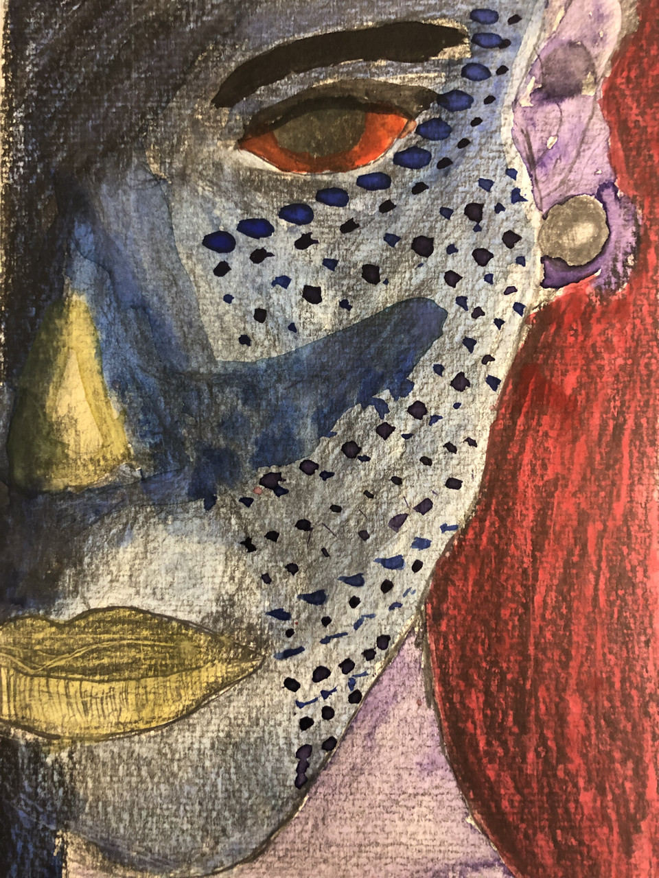 Colorful portrait of half of a person's face.