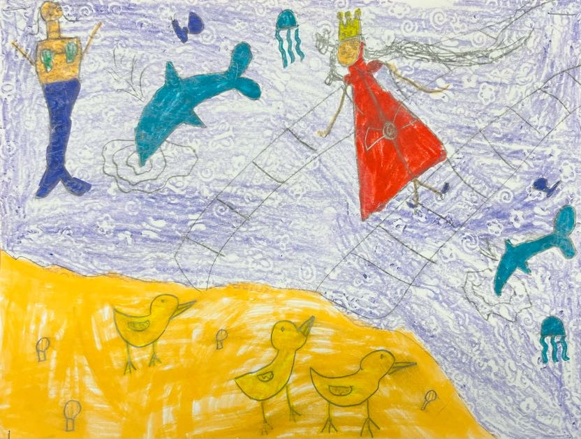 Drawing of a girl looking at a mermaid in a pond with sea creatures and dolphins around them, and birds on the shore.