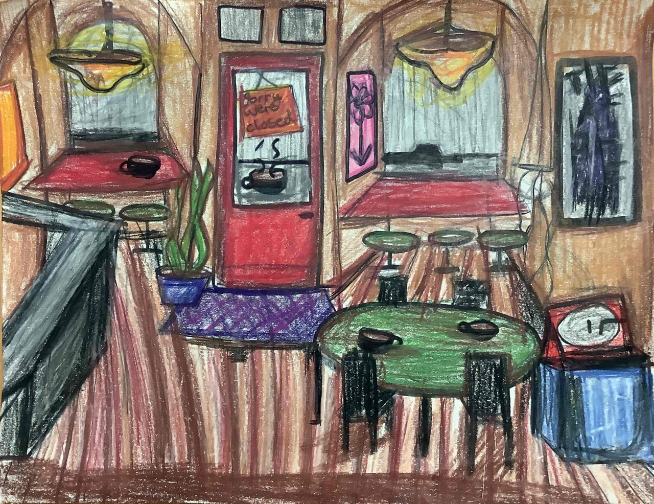 Drawing of a cozy, empty coffee shop.
