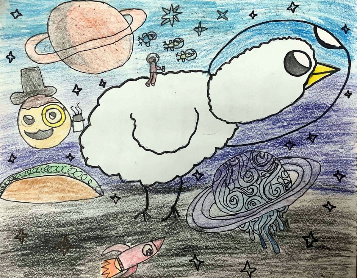 Drawing of a white chicken wearing a space helmet. The chicken is surrounded by a space background including many planets and stars.