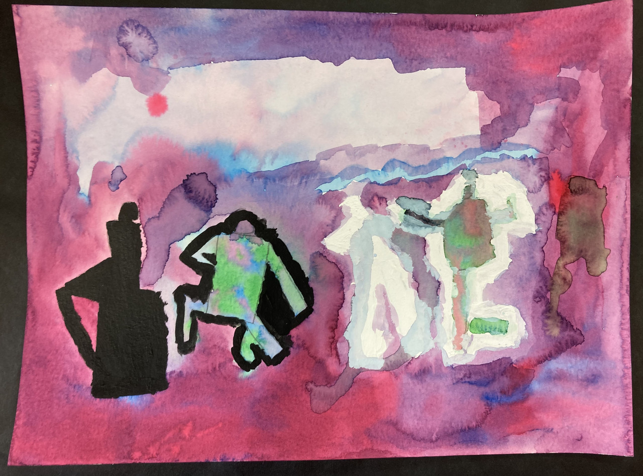 Figures on a pink watercolor background