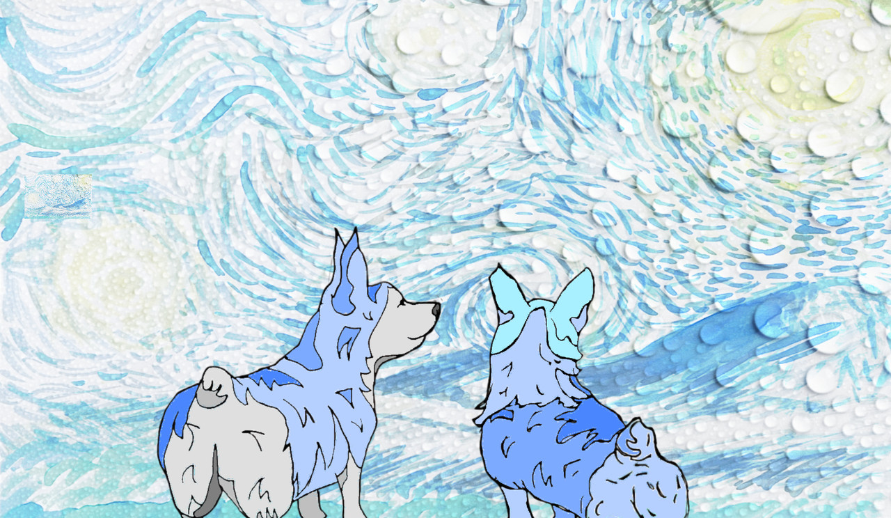 two purple and teal corgis looking at a swirling blue sky.