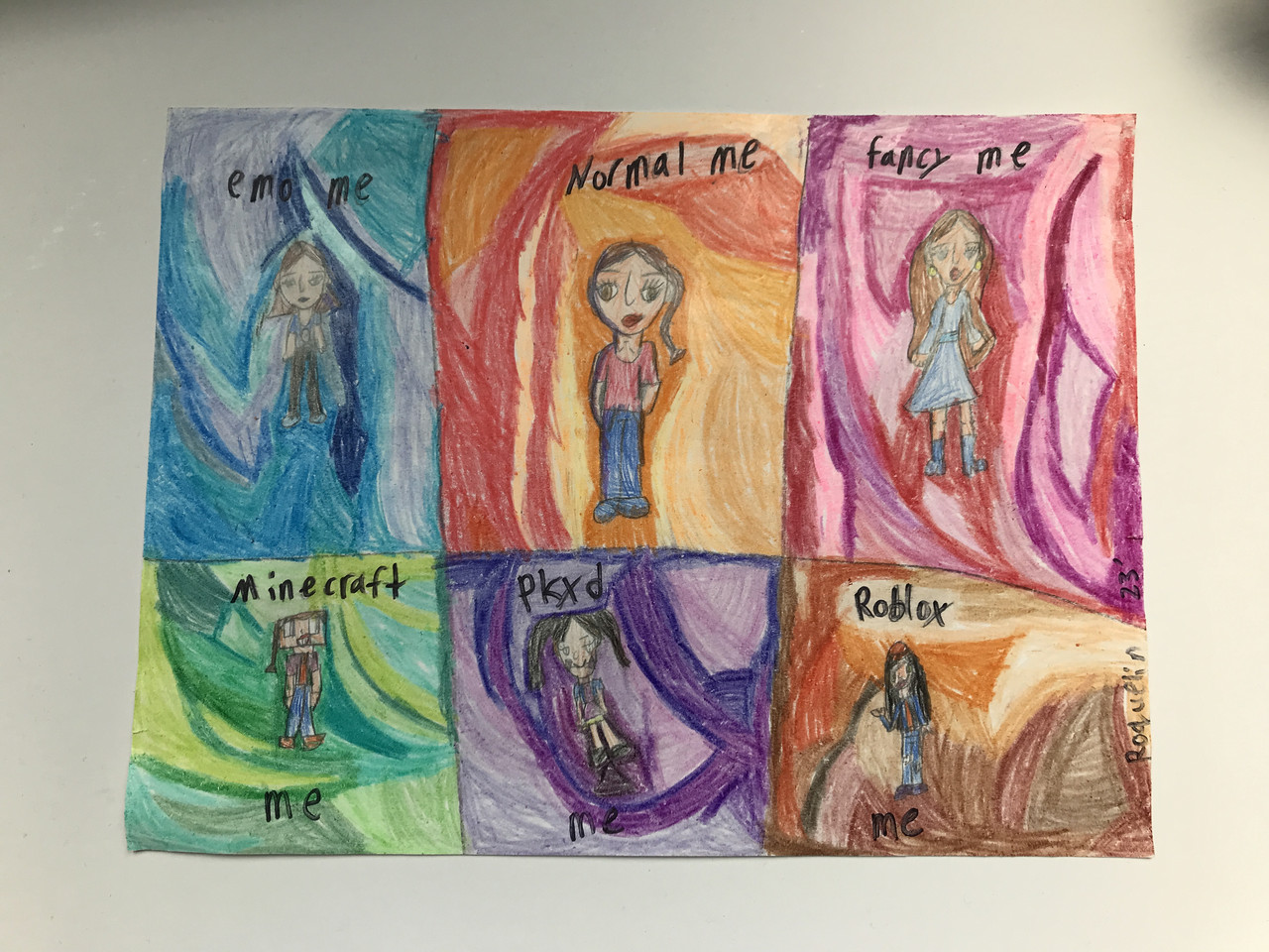 Multiple self portraits on colorful backgrounds.