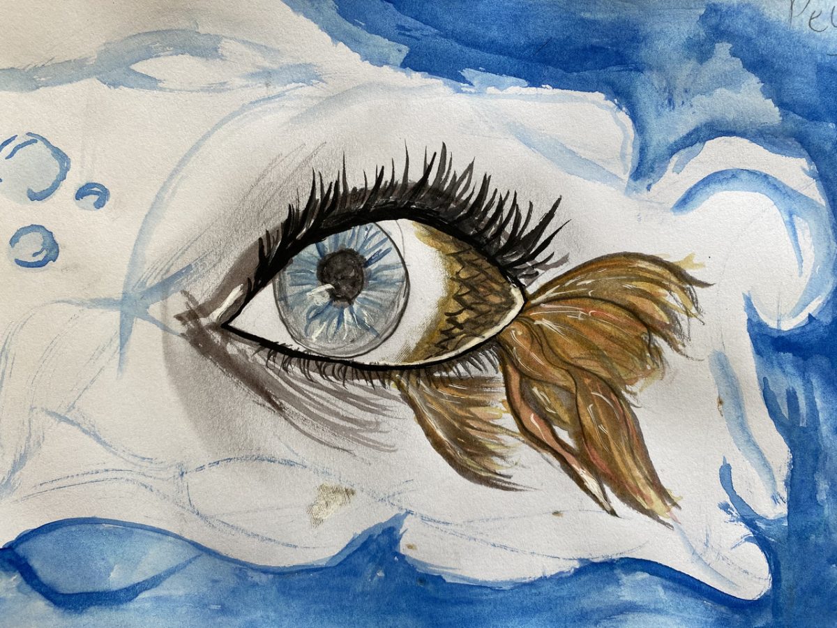 Eyeball that has a fish body drawn around it