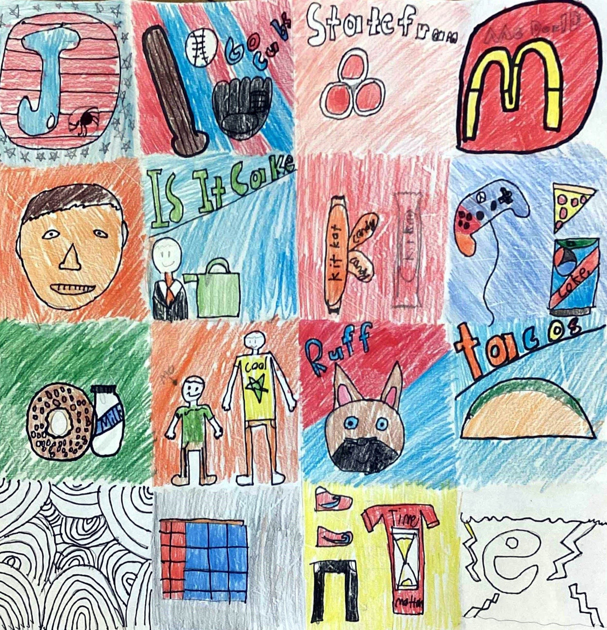 Drawing is split into a grid of squares. Each one contains a different drawing, symbol, and background. There is a square with a taco, a square with the state farm logo, and more.