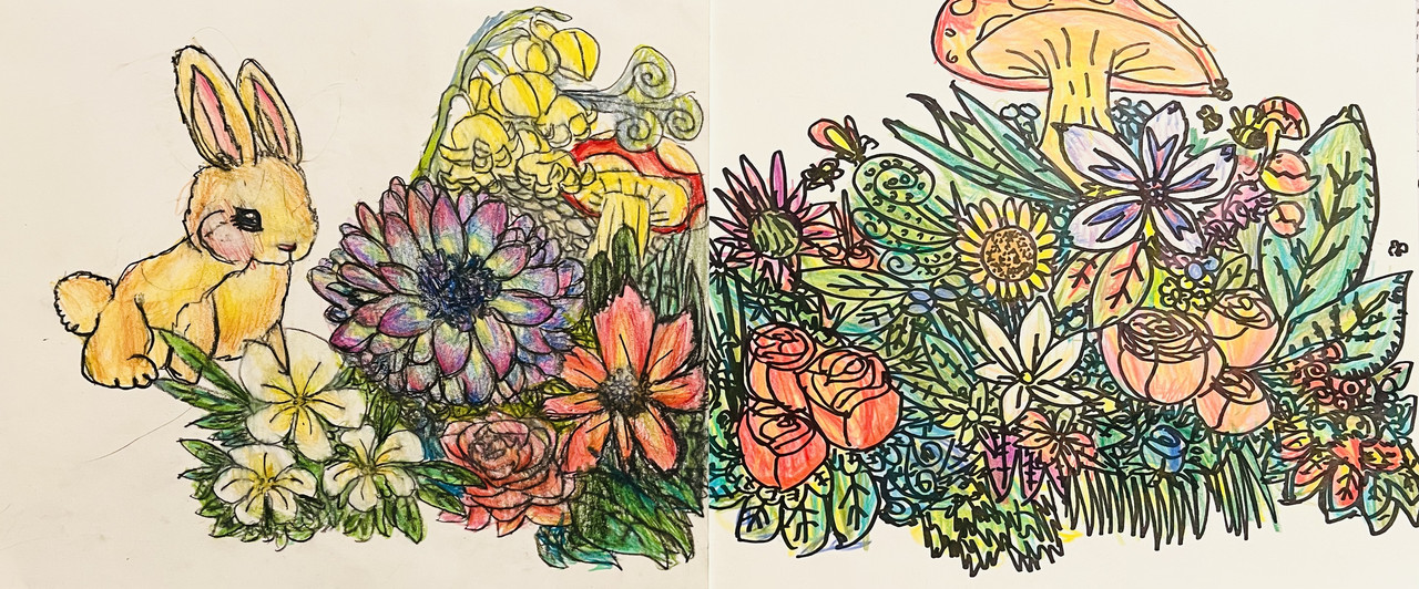 Shaded flower and mushroom scene with a rabbit. Many colors.