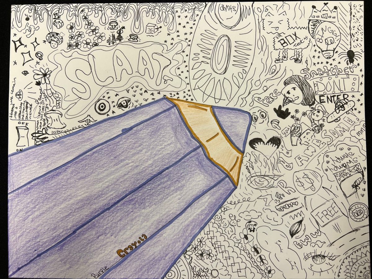 A purple pencil drawing black and white figures