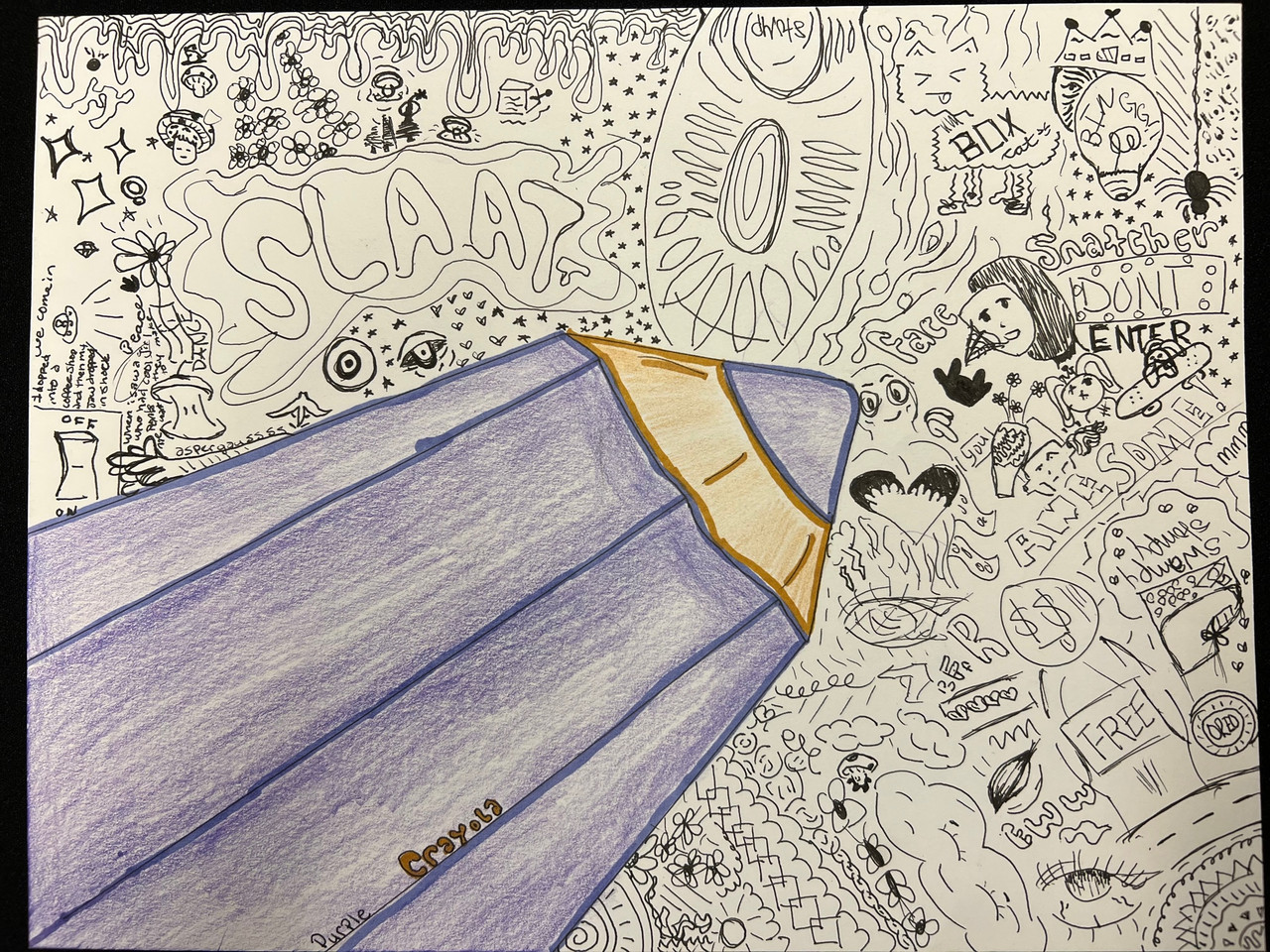 A purple pencil drawing black and white figures