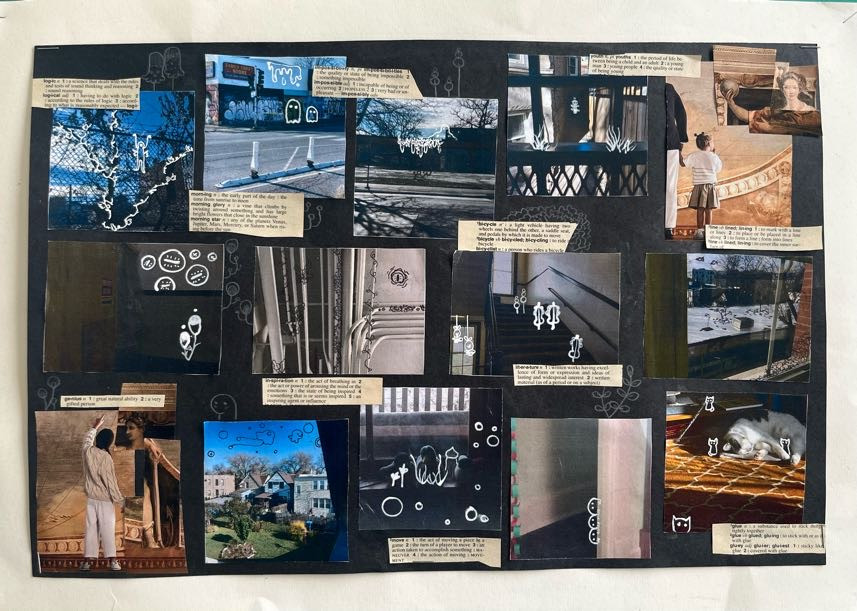 Mixed media composition of pictures with captions on a black background.