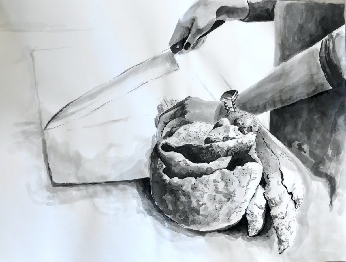 Drawing of someone cutting food.