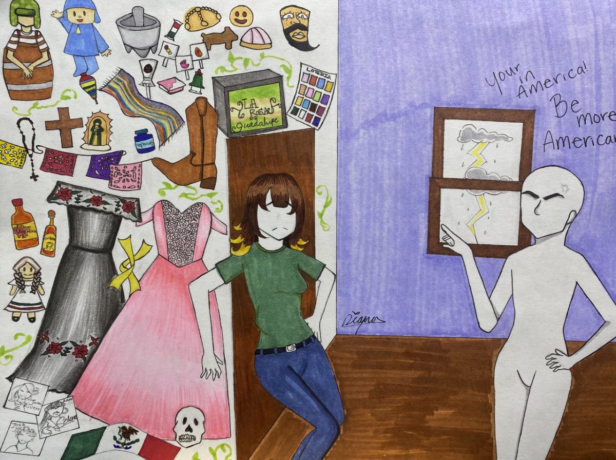 Drawing of figures and clothing.