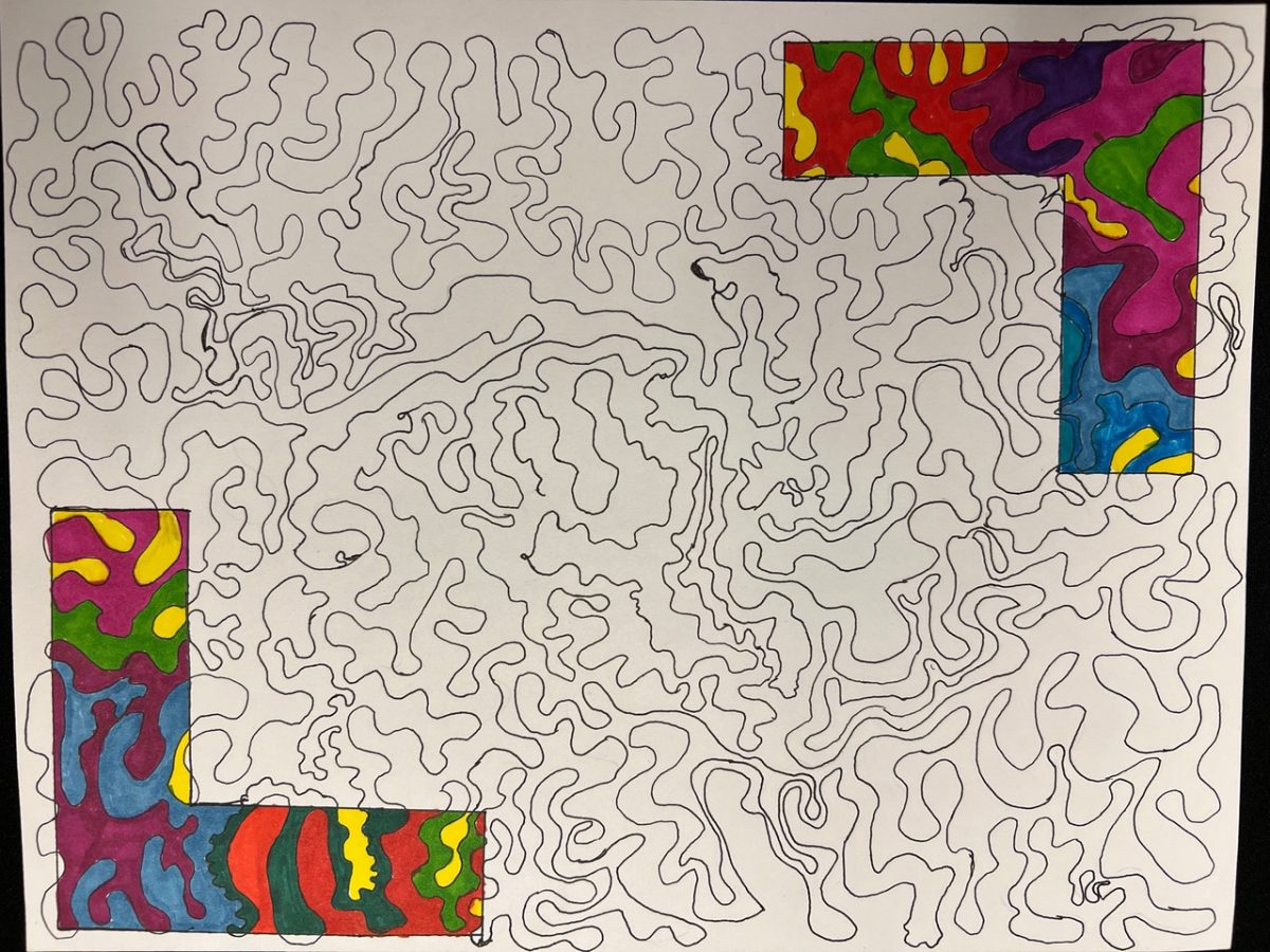 black and white drawing of squiggly lines with the lines in the upper right and lower left corners colored in rainbow colors