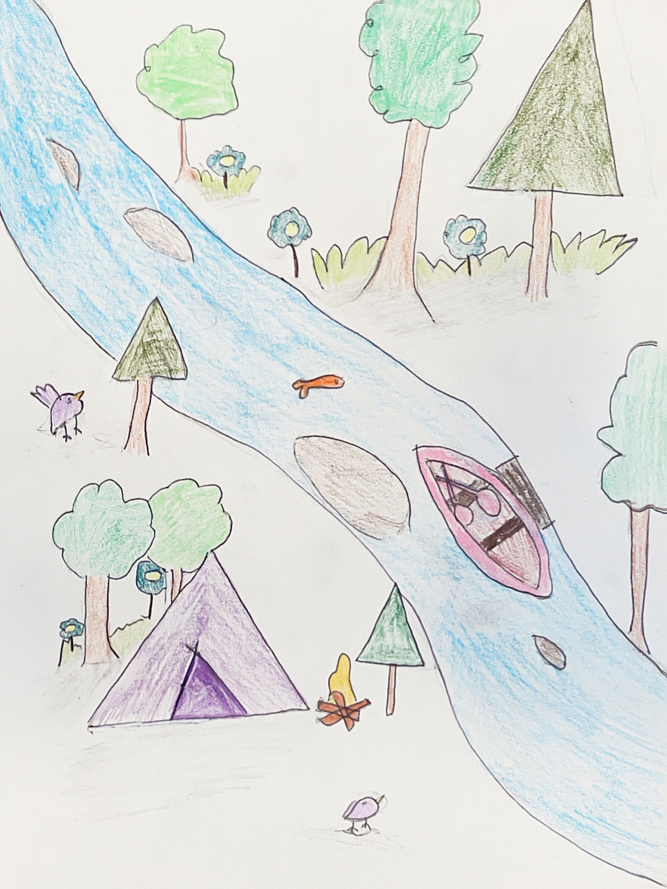 A tent and many trees are beside a river. There is a canoe in the river.